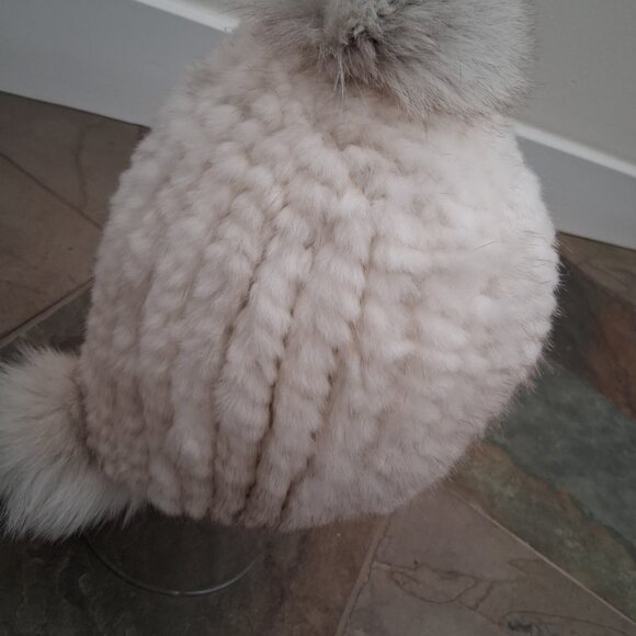 New Mink Fur Knitted Beanie Hat with Fox Pompoms - Picture 7 of 10